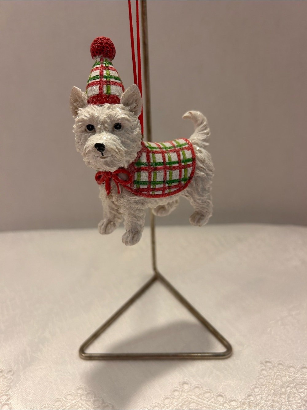 White Westie Holiday Figurine in Red & Green Plaid - Picture 2 of 8